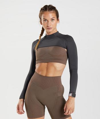 Dámské Oříznuté Topy Gymshark Apex Seamless Shrug Černé Šedé Černé | CZ 3751XYU